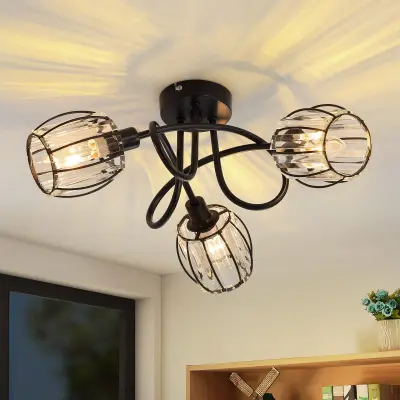 NETTLIFE 3-lučna vintage črna kristalna stropna svetilka E14 za hodnik, vrtljiva za 350°, industrijska