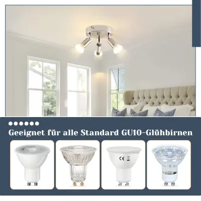 NETTLIFE LED stropna svetilka GU10 - 3 moderni okrogli stropni reflektorji stropni reflektorji za spalnico in dnevno sobo, brez žarnice krom