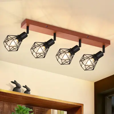 NETTLIFE 4 črne stropne svetilke E14 starinski les, kovinske, 350° nastavljive stropne svetilke , max 25W