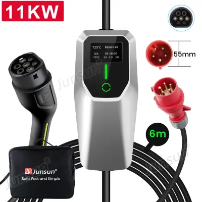 Tip 2 EV električni avtomobilski polnilni kabel – enofazni 11 kW, nastavljiv tok, LCD zaslon, prenosni polnilnik 6 m z vtičem CEE 16A IP67