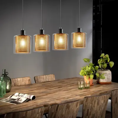 NETTLIFE Zlata viseča svetilka za dnevno sobo, vintage, 3 žarnice E14, industrijsko steklo, NASTAVLJIVA VIŠINA