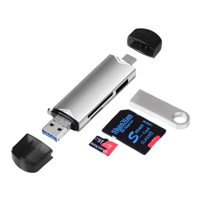 Čitalec kartic 6 v 1, disk TF/SD/U/Type-C OTG, srebrn