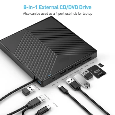 Zunanji pogon CD/DVD, USB 3.0, 4 vrata USB, 2 rezi za SD, ultra tanek, za PC, Mac
