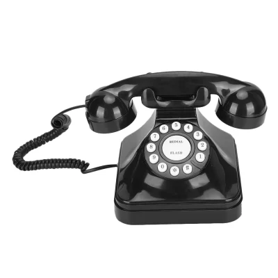 Vintage črn namizni telefon, stacionarni telefon s funkcijami ponovnega klicanja in bliskavice