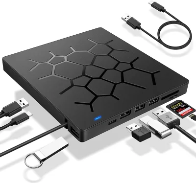 Zunanji DVD pogon UHNDY, zapisovalnik CD/DVD USB 3.0 s 4 vrati USB, 2 režama za SD, tank, za Mac, Windows, Linux