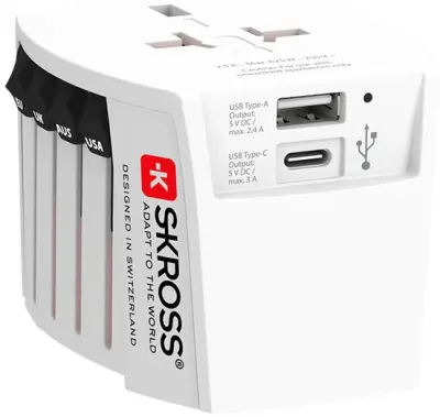 Skross, Model potovalnega polnilnega adapterja MUV USB-A/USB-C PD 27W z dvema poloma, Bela