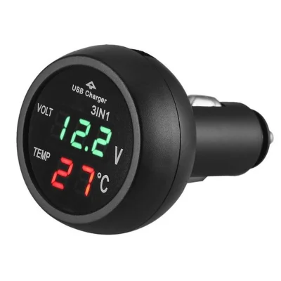 3 en 1 Chargeur Voiture Voltmètre LED termometer 12V-24V
