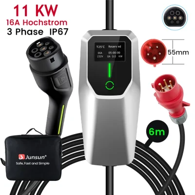 Tip 2 EV Polnilni Kabel za Električna Vozila – 3-Fazni 11KW, Nastavljiv Tok, Prenosni Polnilec 6M s CEE16A Vtičnico in Torbico (6/8/10/13/16A)