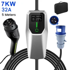 Tip 2 EV Polnilni Kabel za Električna Vozila – 1-Fazni 7KW, Nastavljiv Tok, Prenosni Polnilec 5M s CEE Vtičnico in Torbico (6/8/10/13/16/20/24/32A)