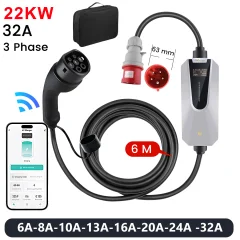 Polnilni kabel za električna vozila tipa 2 - trifazni 22 kW, regulacija toka APP, časovno polnjenje, prenosni polnilnik 6 m (6/8/10/13/16/20/24/32A)