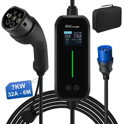 ev polnilec 7KW 32A tip II, dolžina 6 metrov, 1,77-palčni zaslon, nastavljiv 6A/8A/10A/10A/13A/16A/20A/24A/32A z indikatorjem polnjenja