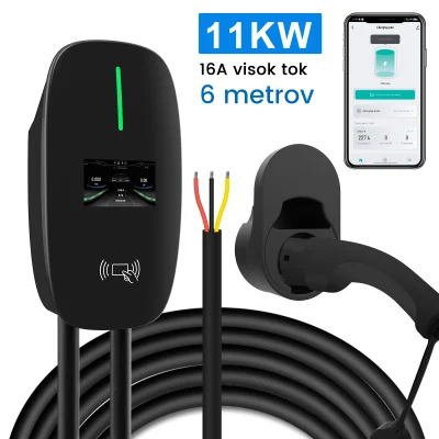 Tip2 električni avtomobilski stenski polnilnik, trifazni 11 kW, tok nastavljiv prek aplikacije, polnjenje po naročilu, s 4 RFID karticami (6 m,6–16A )