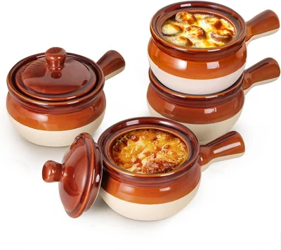LIFVER 532 ml Francoski Set 4 - Keramične sklede s pokrovom in ročajem za juho, čili. Primerno za pečico in pomivalni stroj