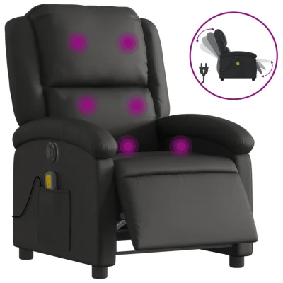 Električni masažni naslanjač - Relax naslanjač črno pravo usnje