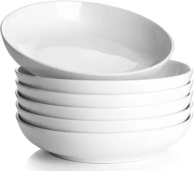 DOWAN Porcelanaste Sklede za Testenine - Set 6 belih 21,6 cm za solato, juho in vsakdanjo uporabo. Primerno za družino in posameznike
