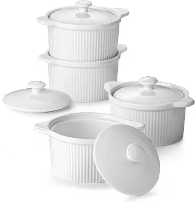 DOWAN 207 ml Porcelanasti Ramekins s Pokrovi - Set 4 za Creme Brulee, Sufle, Juho. Primerni za Pečico, Beli