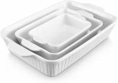 DOWAN keramični pekači za pečico, set 3: globok za lazanjo + pravokotni z ročaji, bela (39,6x31x22,6 cm)