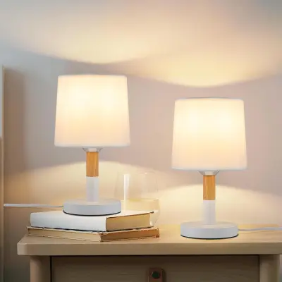 NETTLIFE Lampe de chevet Set de 2 lampes de table Salon -  en bois E27 Douille Bedside Lamp Chambre à coucher Blanc