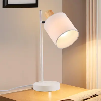 NETTLIFE Lampe de chevet bois vintage 35.5cm E14 Lampe de table blanc Abat-jour tissu avec interrupteur Orientable sans ampoule