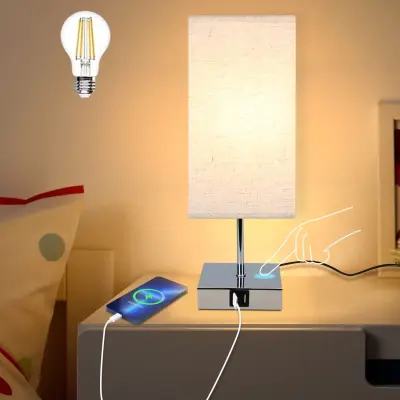 NETTLIFE Lampe de chevet tactile à intensité variable abat-jour en tissu vintage E27 avec fonction de chargement USB