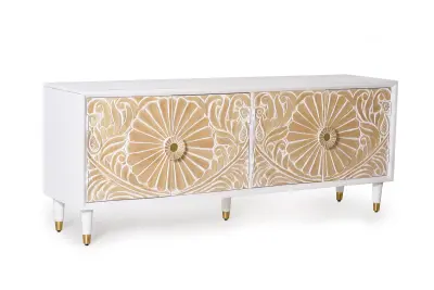 TV omarica iz belega mangovega lesa z zlatimi poudarki