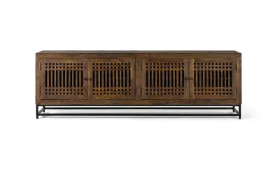 TV omarica iz akacijevega lesa s kovinskimi nogami in 4 vrati