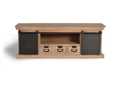 TV omarica iz mangovega lesa z naravnimi in sivimi kovinskimi nogami