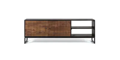 TV omarica iz palisandra z rjavimi kovinskimi nogami
