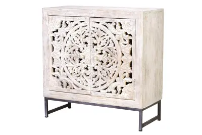 Komoda iz mangovega lesa, bele in starane sive kovinske noge