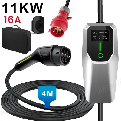 Type 2 EV electric car charging cable - 11kW, adjustable current, LCD display, 4 m portable charger with Schuko 6-16A plug IP67