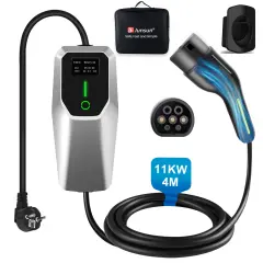 Type 2 EV electric car charging cable - 11kW, adjustable current, LCD display, 4 m portable charger with Schuko 6-16A plug IP67
