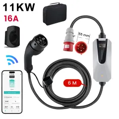 tip 2 EV električni avtomobilski polnilni kabel – 11 kW, nastavljiv tok, LCD zaslon, prenosni polnilnik 6 m z vtičem Schuko 6-16A IP67 APP