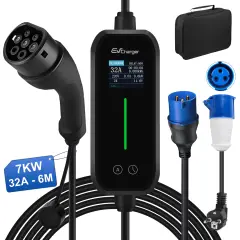 Tip 2 EV električni avtomobilski polnilni kabel – enofazni 7 kW, nastavljiv tok, LCD zaslon, prenosni polnilnik 6 m z vtičem Schuko 6-32A IP67