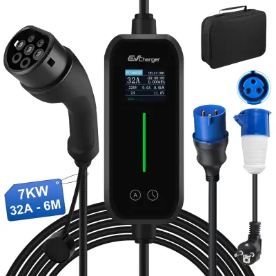 Tip 2 EV električni avtomobilski polnilni kabel – enofazni 7 kW, nastavljiv tok, LCD zaslon, prenosni polnilnik 6 m z vtičem Schuko 6-32A IP67