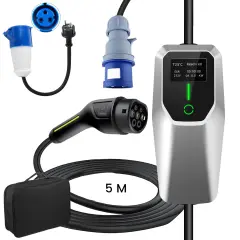 Tip 2 EV električni avtomobilski polnilni kabel – Trifazni 7KW, nastavljiv tok, LCD zaslon, prenosni polnilnik 5 m z vtičem Schuko 6-32A IP67