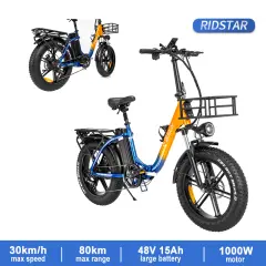RidStar MN-20 e-kolo: 1000W motor, 48V/15Ah baterija. 30 km/h, 80 km doseg. Alu zložljiv okvir, Shimano 7 prestav, meh. disk zavore, barvni display.