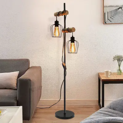 NETTLIFE Vintage talna svetilka za dnevno sobo, lesena, 2 plamena,  kovinska, s črnim stikalom, E27 - višina: 151 cm - brez žarnice