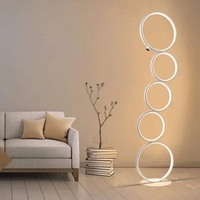 NETTLIFE LED talna svetilka, moderna bela, 32 W, toplo bela, stoječa svetilka na dotik s 5 obroči za dnevno sobo, pisarno