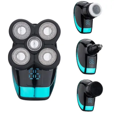 Električni brivnik, polnilni brivnik, inteligentni digitalni zaslon, strižnik za plešaste lase, slog: moder + celoten komplet