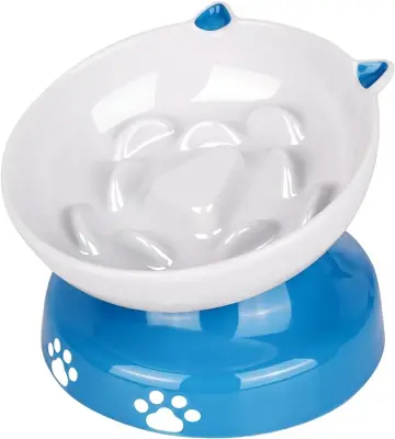 Y YHY posoda za mačke z počasnim hranjenjem, nagnjena zasnova, počasna hranilnica za pse in mačke za suho in mokro hrano, modra in bela