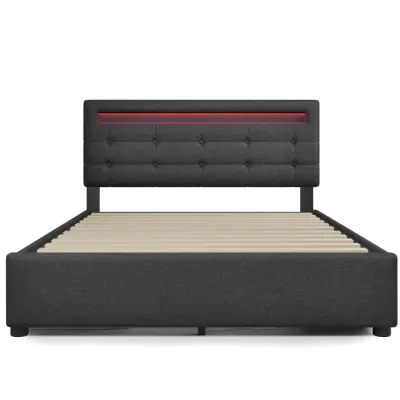 Postelja s predalom 140x200 cm iz lanu – z LED, 2 predaloma in letvenim dnom – siva