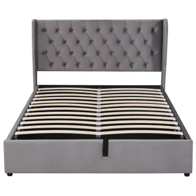 Kapitonirana postelja s predalom iz žameta 140x190 cm – z letvenim dnom – siva