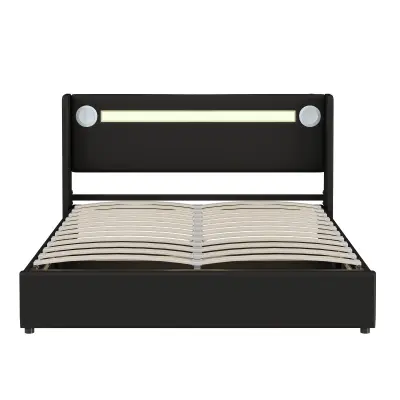 Postelja s predalom 160x200 cm iz umetnega usnja, LED, Bluetooth, USB priključki in letvičastim okvirjem - črna