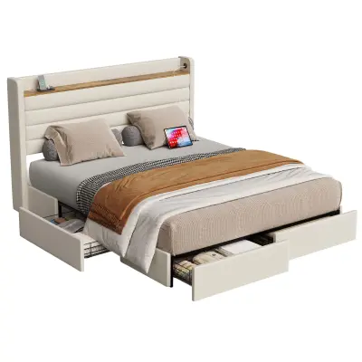 Dvoposteljna postelja 140x200 cm - USB, shranjevanje, 4 predali, okrašen okvir iz žameta - bež
