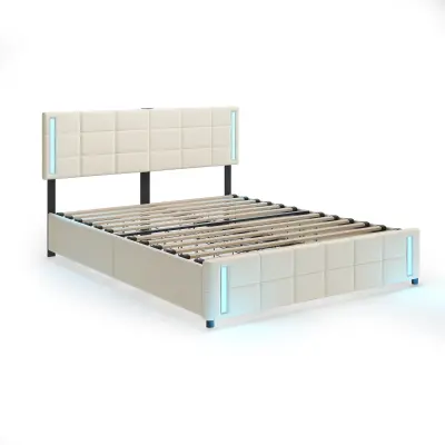 Oblazinjena postelja 140x200 cm z 4 predali, LED osvetlitvijo, 2 USB priključkoma, letveno podlago – lan – bež