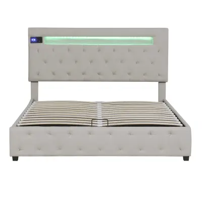 Postelja s predalom 140x200 cm iz lanu – z LED + USB priključki + Bluetooth predvajalnik – letveno dno – bež