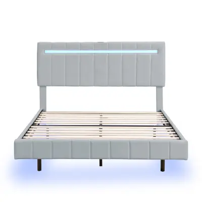Oblazinjena postelja iz lanu – 160x200 cm – z LED osvetlitvijo in USB-priključki – siva