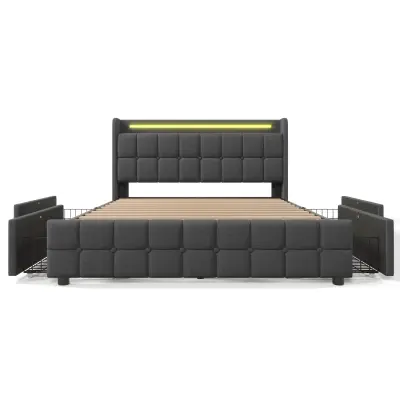 Oblazinjena postelja 180x200 cm iz lanu – z LED in USB-priključki – 2 predala – siva