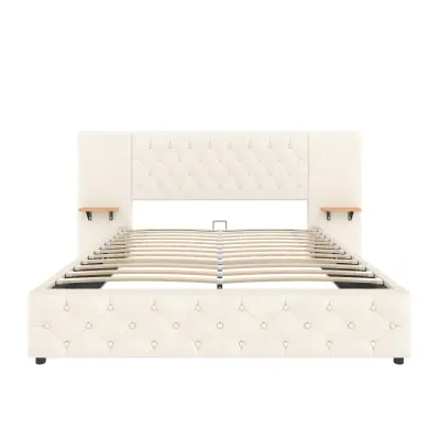 Dvoposteljna postelja 140x200 cm - široka vzglavnik, LED, USB, hidravlično dviganje, shranjevanje - bež