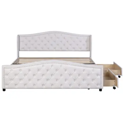 Oblazinjena postelja za odrasle iz umetnega usnja – 180x200 cm – z 2 predaloma – bela